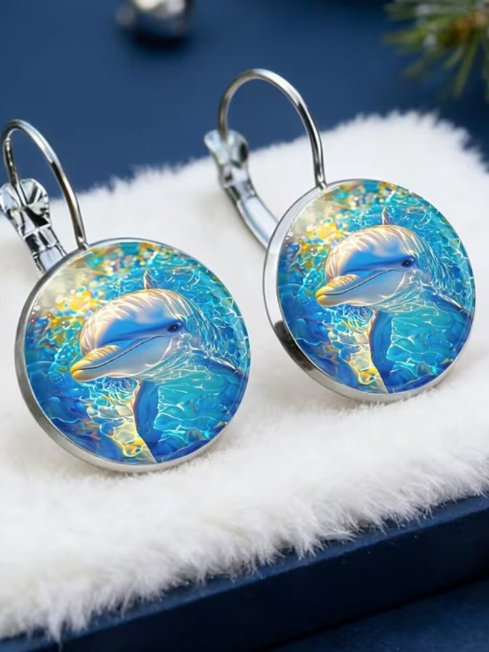 Round Silver DOLPHIN Dangle Earrings